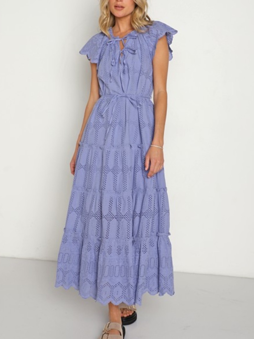 Cleobella Mallory Blue Purple Eyelet Tie-Neck Dress